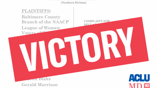Baltimore County redistricting lawsuit complaint image with list of plaintiffs and a red rectangle at an angle with white VICTORY letters.