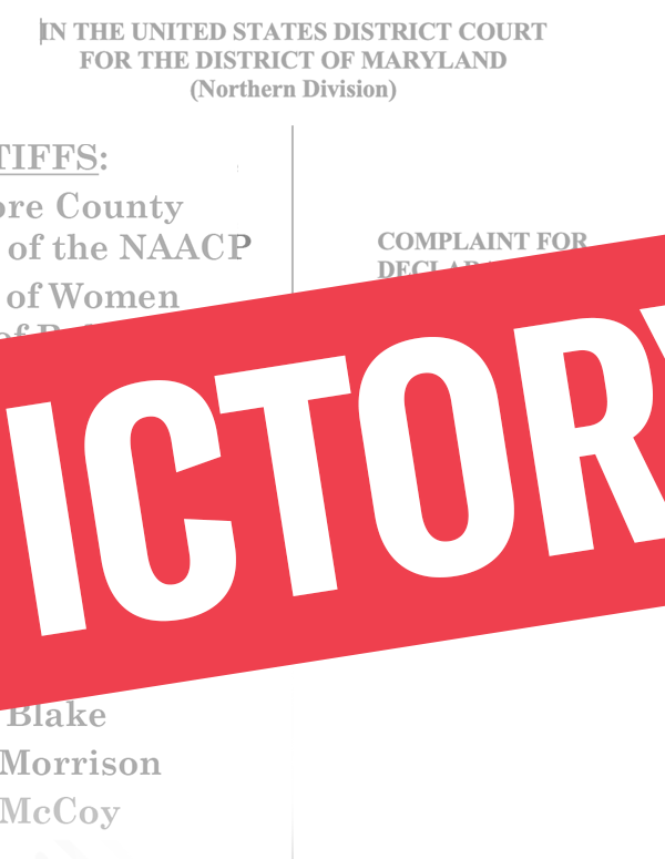 Baltimore County redistricting lawsuit complaint image with list of plaintiffs and a red rectangle at an angle with white VICTORY letters.