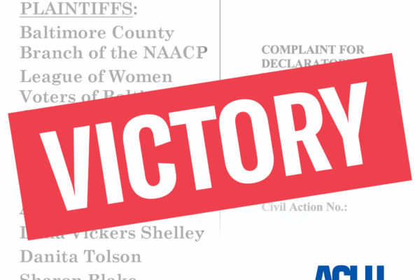 Baltimore County redistricting lawsuit complaint image with list of plaintiffs and a red rectangle at an angle with white VICTORY letters.