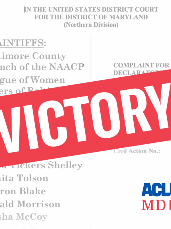 Baltimore County redistricting lawsuit complaint image with list of plaintiffs and a red rectangle at an angle with white VICTORY letters.