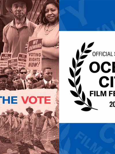 Poster for ACLU of Maryland's documetnary, Free the Vote, is on the left and laurels for Official Selection to the Ocean City Film Festival 2022 is on the right. These images are over a blue background with light gray laurels as texture.