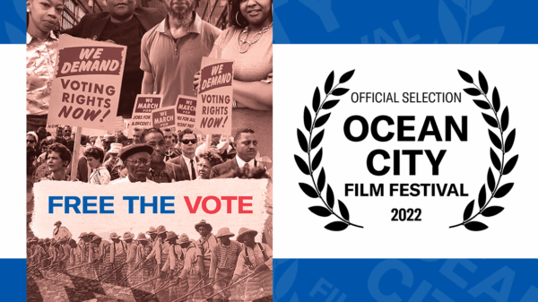 Poster for ACLU of Maryland's documetnary, Free the Vote, is on the left and laurels for Official Selection to the Ocean City Film Festival 2022 is on the right. These images are over a blue background with light gray laurels as texture.