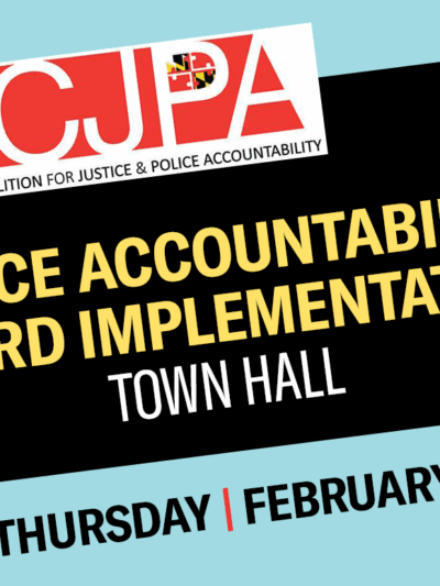 MCJPA – Police Accountability Board Implementation Town Hall. Thursday, February 17, at 6 p.m. MCJPA logo and text with angled rectangular background.