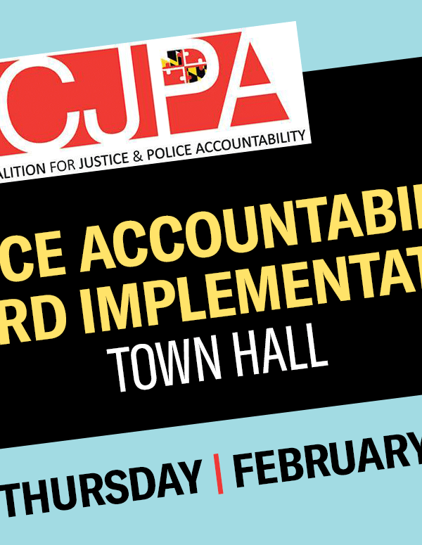 MCJPA – Police Accountability Board Implementation Town Hall. Thursday, February 17, at 6 p.m. MCJPA logo and text with angled rectangular background.