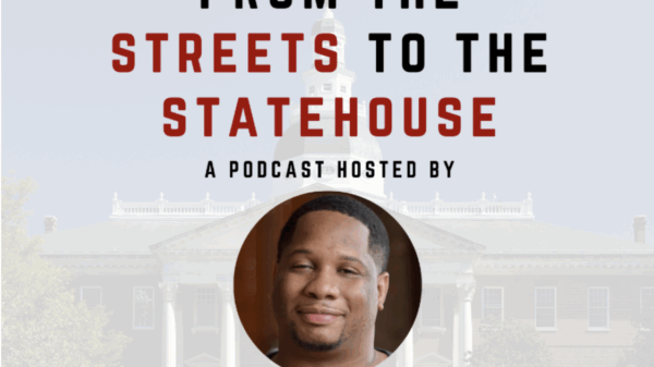 LBS From the Streets to the Statehouse Dayvon Love podcast image with the Maryland State House in lightly visible in the background, and Dayvon's head shot in a circle in the middle under the text. Dayvon Love is a Black man and is smiling.
