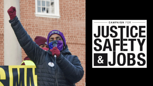 A black person with their fist raised at a rally is speaking into a mic and the Campaign for Justice, Safety, and Jobs CJSJ logo is on the right over a black background.