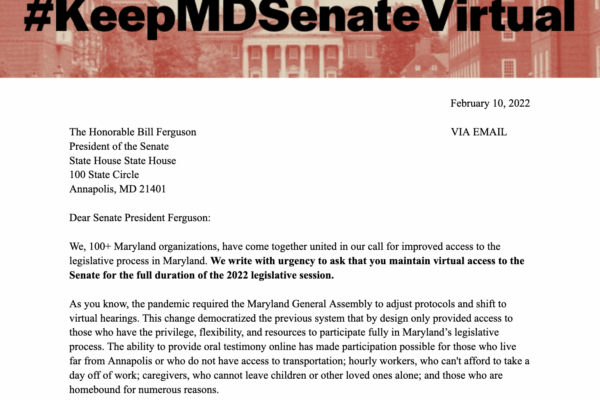 A screenshot of a letter sent by over 100 advocacy organizations with the top image of the Maryland State house with #KeepMDSenateVirtual in bold. The first few paragrpahs of the letter are visible.
