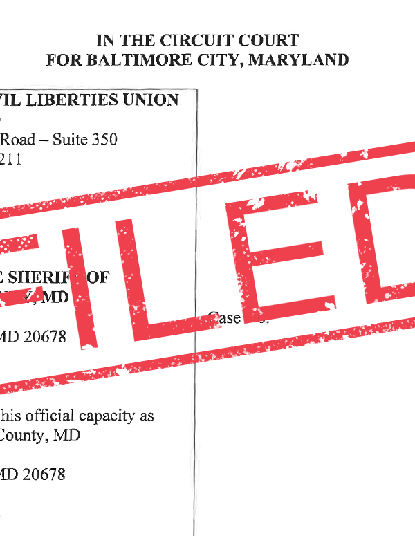 FILED stamp over page 1 of the filed complaint for the ACLU v Calvert County lawsuit about information act fees.