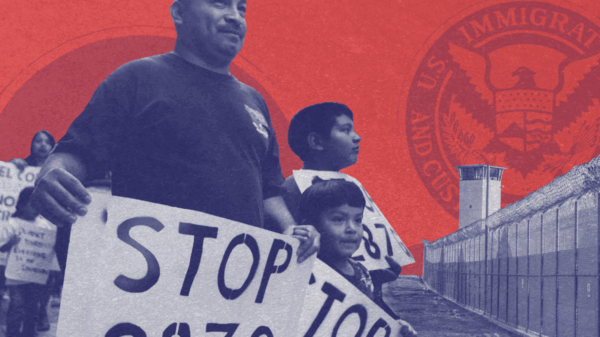 An adult and two Latinx children are holding protest signs that say "Stop 287g" and is on a collage with the US Immigration agency seal and a border wall. The image is on the cover of ACLU's report, "Licensed to Abuse."