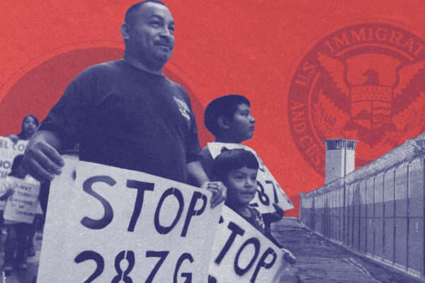 An adult and two Latinx children are holding protest signs that say "Stop 287g" and is on a collage with the US Immigration agency seal and a border wall. The image is on the cover of ACLU's report, "Licensed to Abuse."