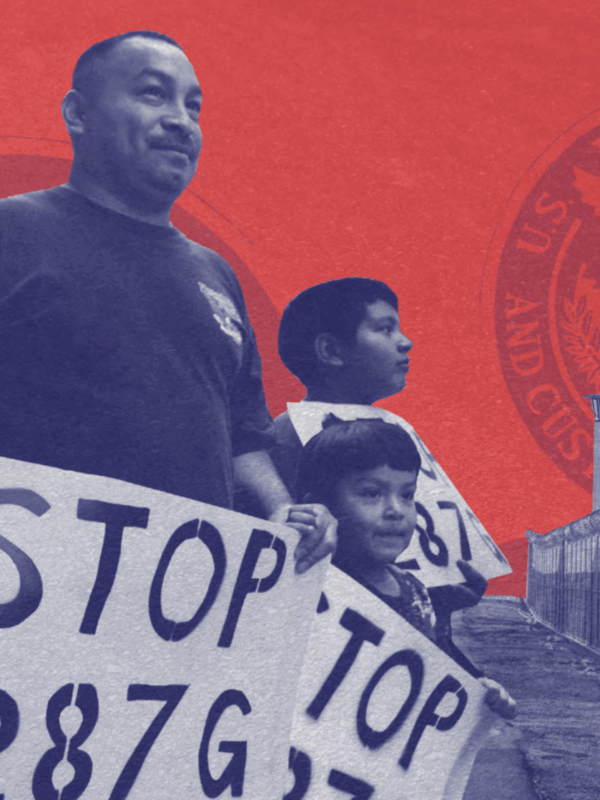 An adult and two Latinx children are holding protest signs that say "Stop 287g" and is on a collage with the US Immigration agency seal and a border wall. The image is on the cover of ACLU's report, "Licensed to Abuse."