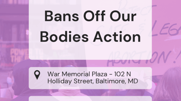 Bans Off Our Bodies event info is set to look like a calendar event on a smart phone. The background is a rally image with a light purple overlay.