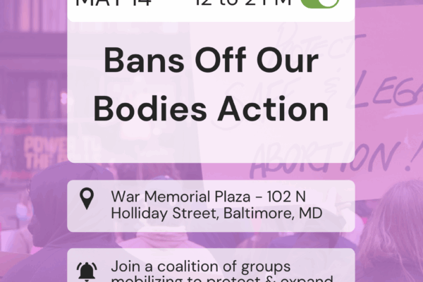 Bans Off Our Bodies event info is set to look like a calendar event on a smart phone. The background is a rally image with a light purple overlay.