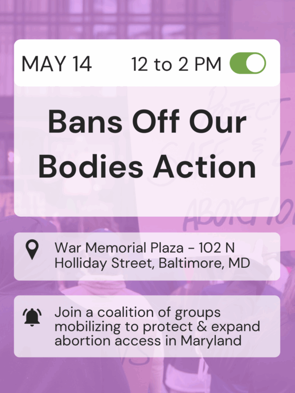Bans Off Our Bodies event info is set to look like a calendar event on a smart phone. The background is a rally image with a light purple overlay.