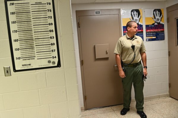 Assistant Warden Major Mike Cronise stands in the Immigration and Customs Enforcement facility at the Frederick County Detention Center on June 28 in Frederick. (Ricky Carioti/The Washington Post)