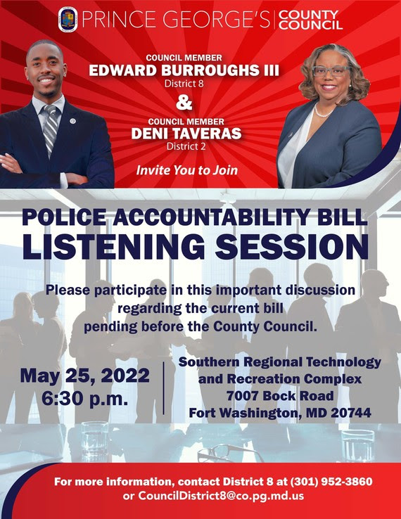 Prince Georges County Police Accountability Bill Listening Session flyer - May 25 2022.jpeg