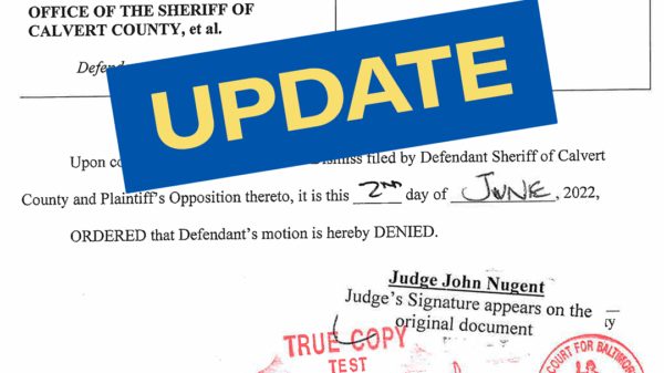 ACLU v. Calvert County lawsuit update. Stamped denied motion to dismiss document image.