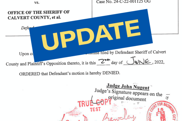 ACLU v. Calvert County lawsuit update. Stamped denied motion to dismiss document image.