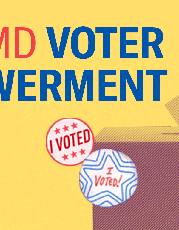 ACLU-MD Voter Empowerment text with an image of a box and a hand putting a voting ballot into it. The background is yellow and there are 4 circular voting stickers.