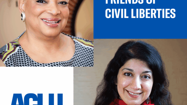 Dana Vickers Shelley is in the upper left corner. Homayra Ziad is in the bottom right corner. Upper right corner says, "A Letter to Friends of Civil Liberties." The ACLU of Maryland logo is in the bottom left corner.