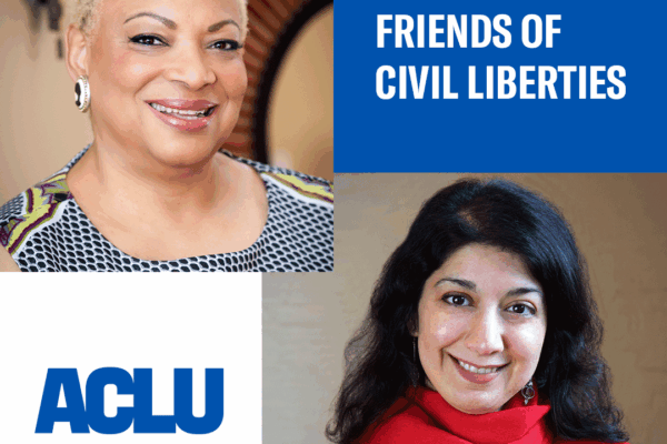 Dana Vickers Shelley is in the upper left corner. Homayra Ziad is in the bottom right corner. Upper right corner says, "A Letter to Friends of Civil Liberties." The ACLU of Maryland logo is in the bottom left corner.
