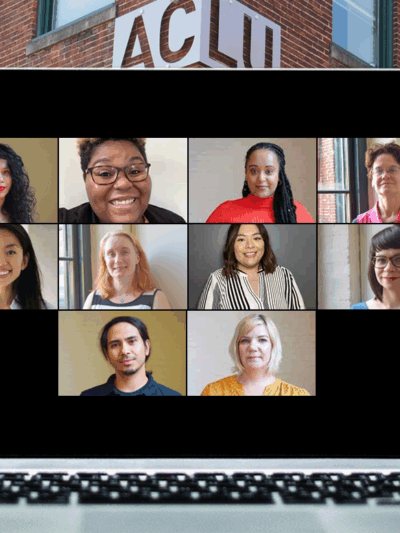 Laptop Zoom meeting showing Neydin Milián, Alicia Smith, Yanet Amanuel, Debbie Jeon, Haowei Tong, Meredith Curtis Goode, Lorena Diaz, Nicole McCann, Frank Patinella, and Jenny Trust. The brick building with ACLU sign is in the background.