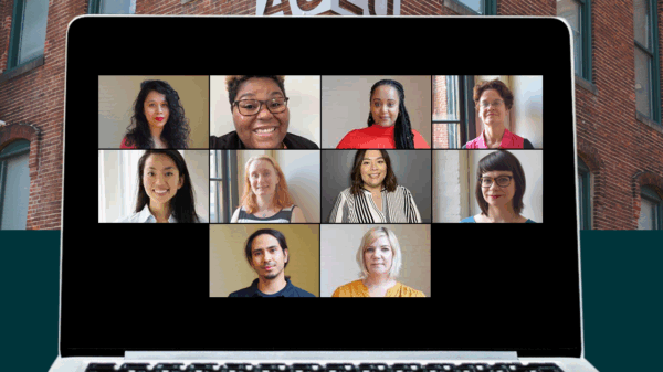 Laptop Zoom meeting showing Neydin Milián, Alicia Smith, Yanet Amanuel, Debbie Jeon, Haowei Tong, Meredith Curtis Goode, Lorena Diaz, Nicole McCann, Frank Patinella, and Jenny Trust. The brick building with ACLU sign is in the background.