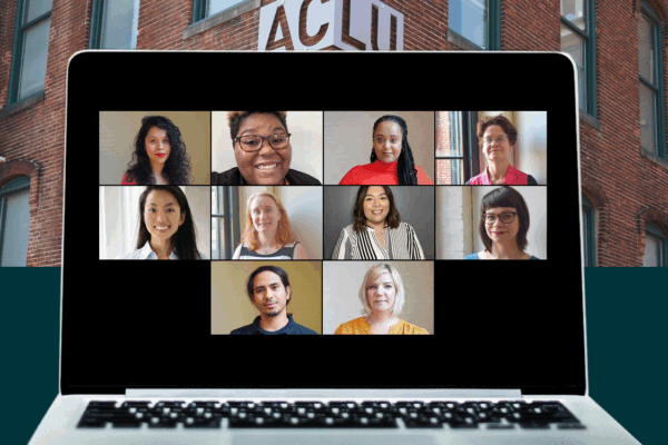Laptop Zoom meeting showing Neydin Milián, Alicia Smith, Yanet Amanuel, Debbie Jeon, Haowei Tong, Meredith Curtis Goode, Lorena Diaz, Nicole McCann, Frank Patinella, and Jenny Trust. The brick building with ACLU sign is in the background.