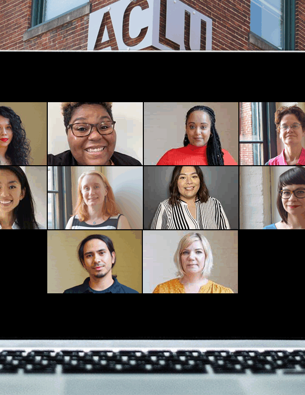 Laptop Zoom meeting showing Neydin Milián, Alicia Smith, Yanet Amanuel, Debbie Jeon, Haowei Tong, Meredith Curtis Goode, Lorena Diaz, Nicole McCann, Frank Patinella, and Jenny Trust. The brick building with ACLU sign is in the background.
