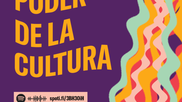 Poder de la Cultura. Wavy words and wavy colorful lines. Spotify logo, wafeform, and short link.