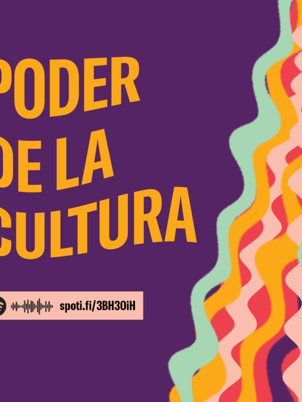 Poder de la Cultura. Wavy words and wavy colorful lines. Spotify logo, wafeform, and short link.