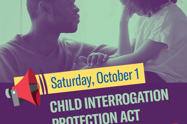 Saturday, October 1, Child Interrogation Protection Act goes into effect. A Black guardian comforts upset Black child.