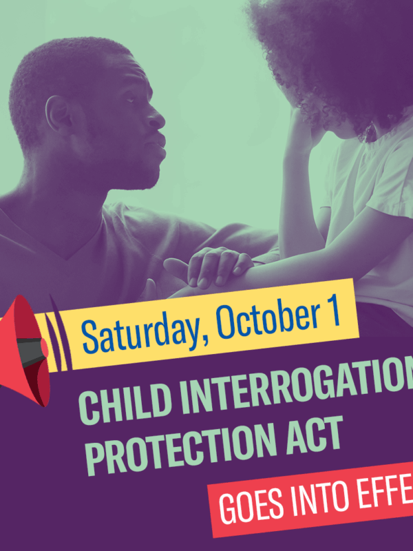Saturday, October 1, Child Interrogation Protection Act goes into effect. A Black guardian comforts upset Black child.