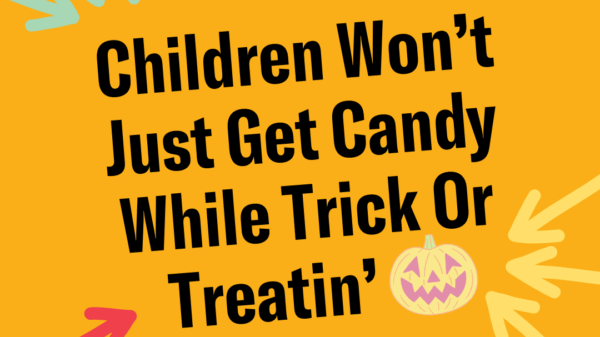 Children won't just get candy while trick or treatin'... Dark yellow background with a neon jack-o-lantern and multi-color arrows.
