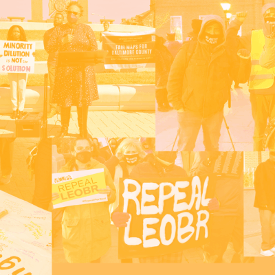 Collage of activist photos with a dark orange overlay.