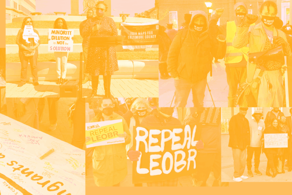Collage of activist photos with a dark orange overlay.