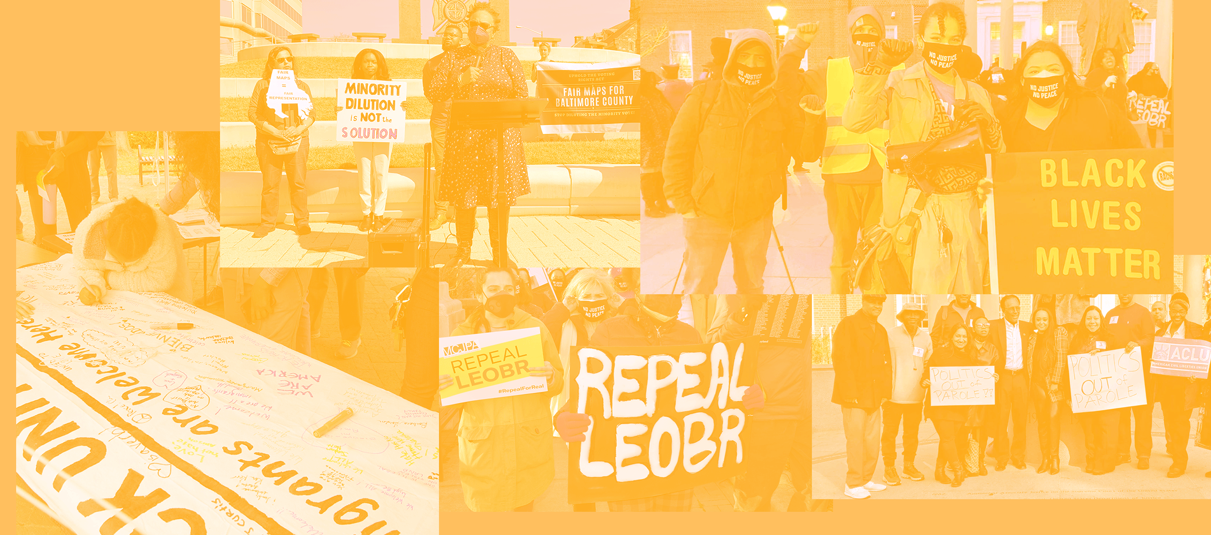 Collage of activist photos with a dark orange overlay.