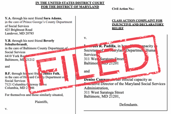 FILED stamp over first page of lawsuit complaint for a foster care psychotropic drugs case.