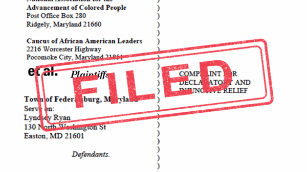 FILED stamp over the first page of the complaint filed in the Caroline County NAACP et al v Federalsburn lawsuit.
