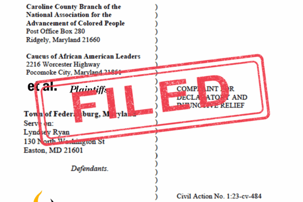 FILED stamp over the first page of the complaint filed in the Caroline County NAACP et al v Federalsburn lawsuit.