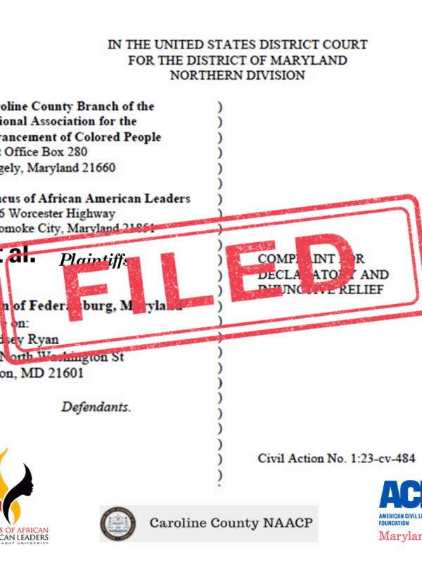 FILED stamp over the first page of the complaint filed in the Caroline County NAACP et al v Federalsburn lawsuit.