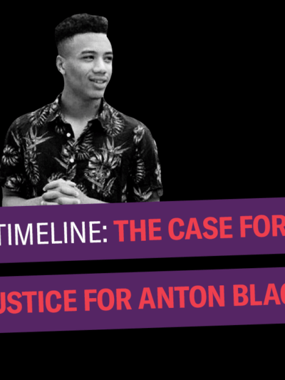 Timeline: The Case for Justice for Anton Black. Black and white photo of Anton Black smiling and looking to the right. Background is black.