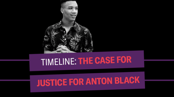 Timeline: The Case for Justice for Anton Black. Black and white photo of Anton Black smiling and looking to the right. Background is black.