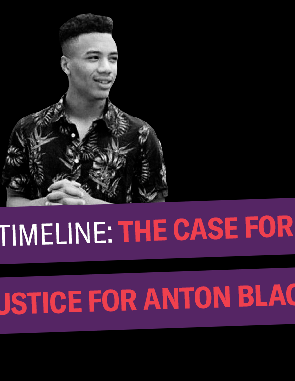 Timeline: The Case for Justice for Anton Black. Black and white photo of Anton Black smiling and looking to the right. Background is black.