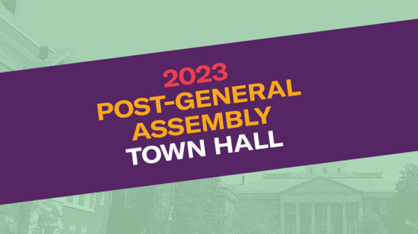 2023 Post-Session Town Hall. Background photo is the Maryland State House with a light green filter.