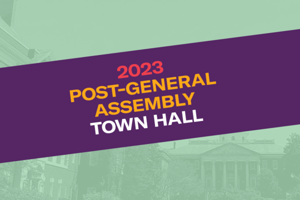 2023 Post-Session Town Hall. Background photo is the Maryland State House with a light green filter.
