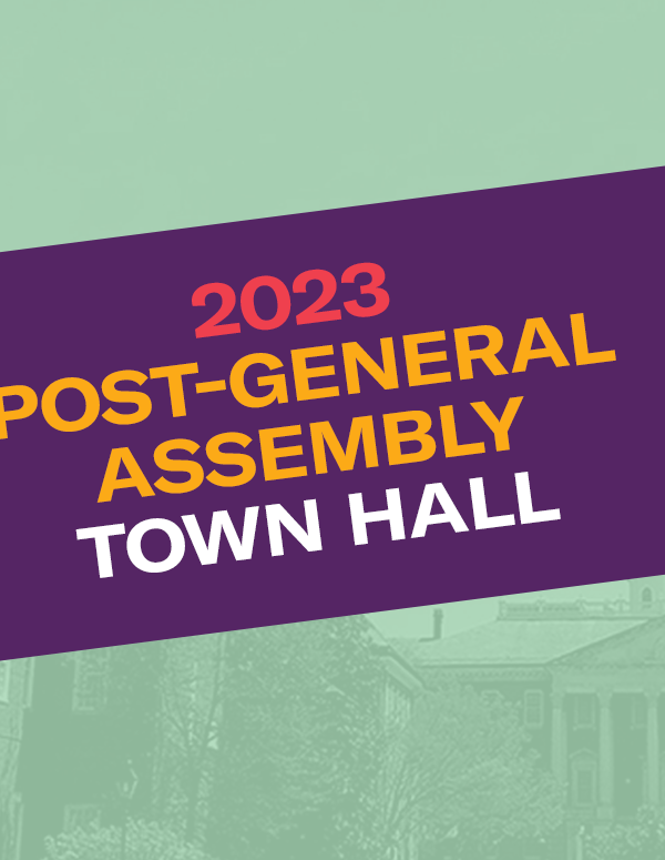 2023 Post-Session Town Hall. Background photo is the Maryland State House with a light green filter.