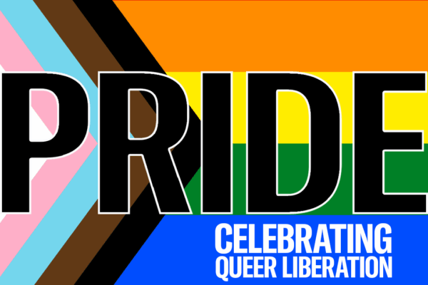Pride. Celebrating Queer Liberation. The words are on top of the Progress Pride flag that has rainbow colors, white, pink, blue, brown, and black.