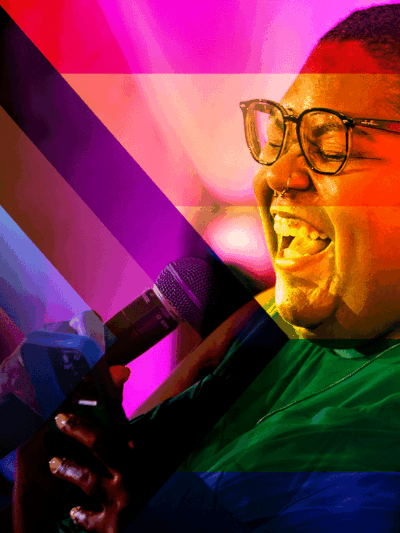 Picture of Alicia Smith signing into a microphone. The image is filtered on a progress pride flag and the colors are all blended.