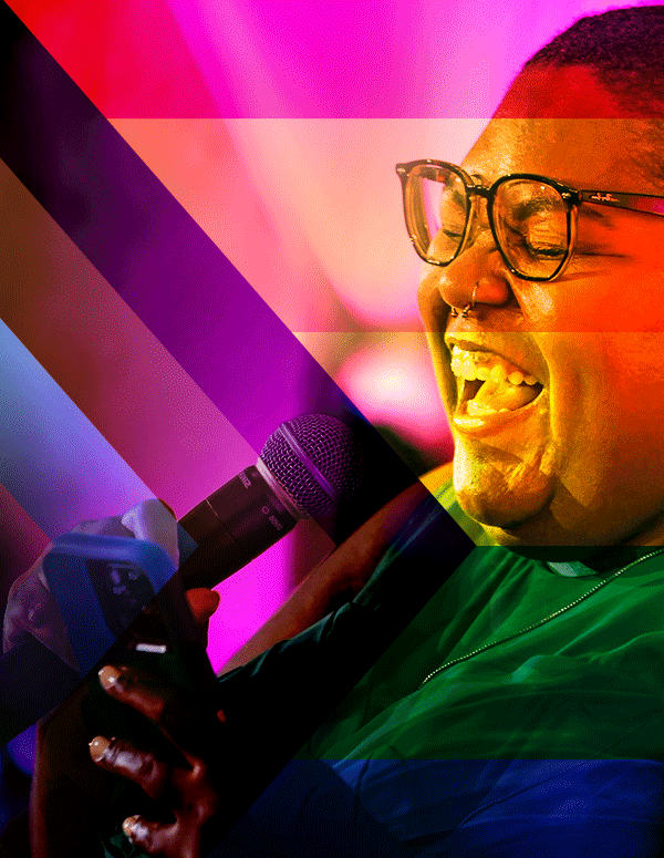 Picture of Alicia Smith signing into a microphone. The image is filtered on a progress pride flag and the colors are all blended.